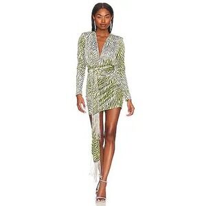 NEW Bronx and Banco Rhianna Green Zebra Velvet Mini Dress Metal Fringe L US 8